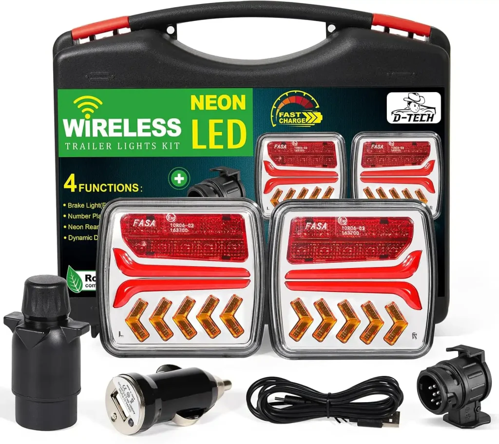 D-TECH Pilotos Traseros LED Inalámbricos para Remolque - Juego de Luces Traseras Magnéticas, Adaptador de 13 a 7 Pines, Aprobación ECE 4